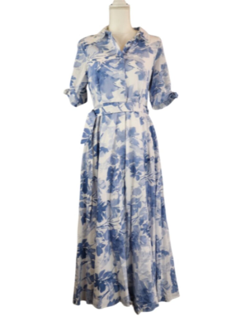 Calvin Klein Blue White Floral Shirt Dress V Neck Belted Dress Formal Size 6 - Picture 5 of 13